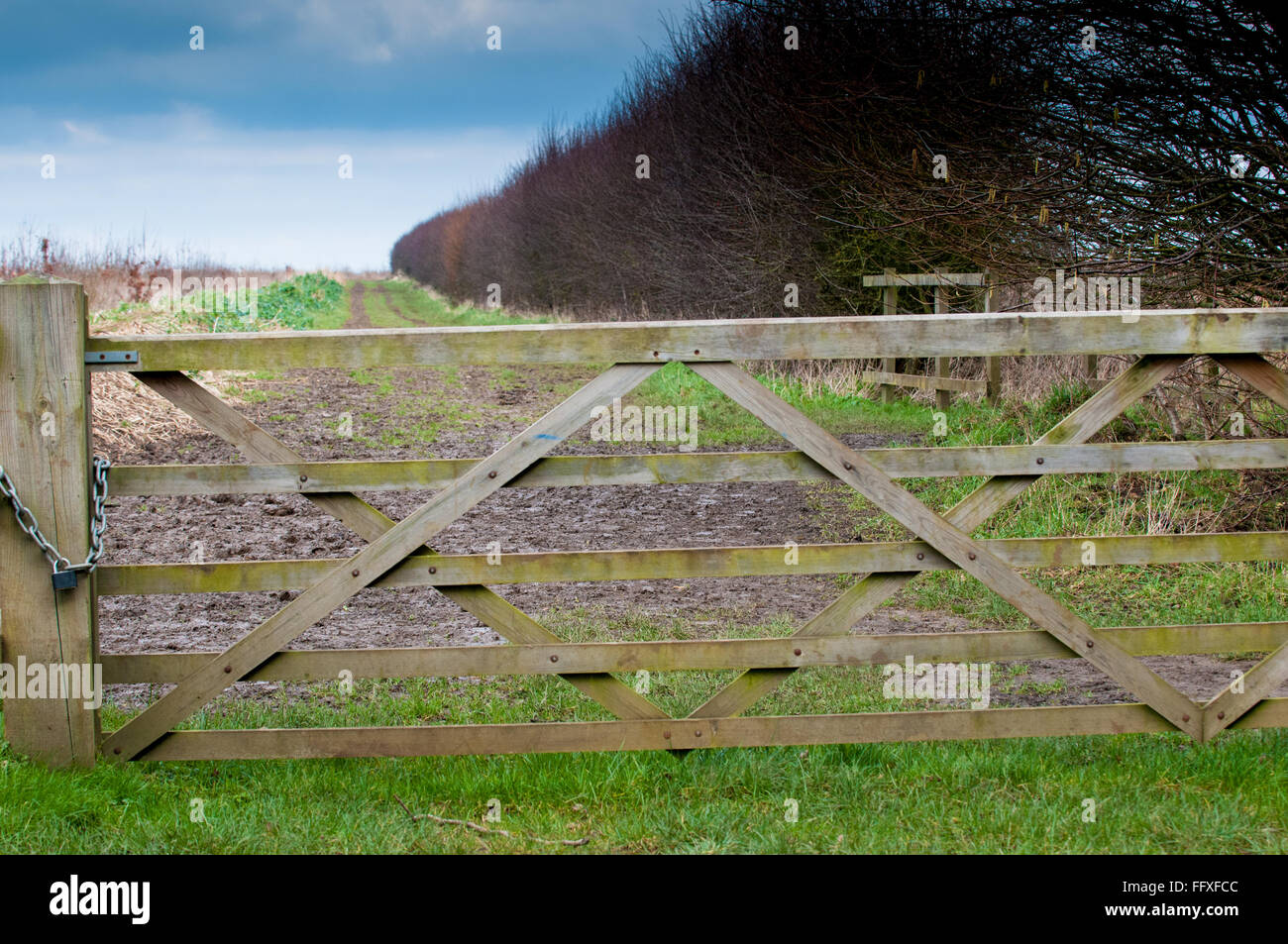 locked gate to a muddy countryside path Stock Photo