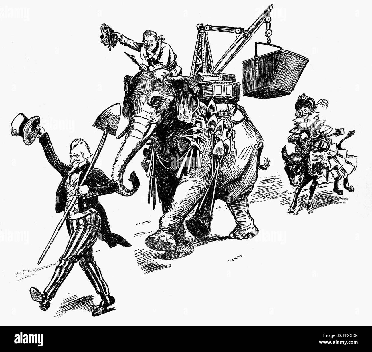 PANAMA CANAL CARTOON, 1903. /n'On to Panama!' American cartoon, 1903, showing Uncle Sam leading a country united behind President Theodore Roosevelt to begin construction on the Panama Canal. Stock Photo