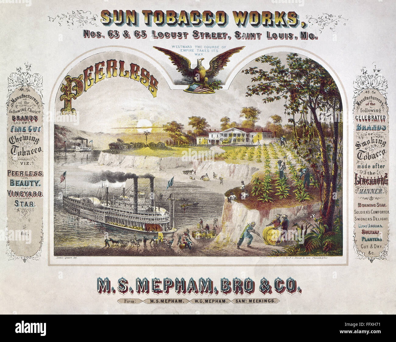 TOBACCO AD, c1860. /nAmerican lithograph advertisement, c1860, for M.S. Mepham & Bro. tobacco products, featuring a depiction of the company's Sun Tobacco Works on the Mississippi River in St. Louis, Missouri. Stock Photo