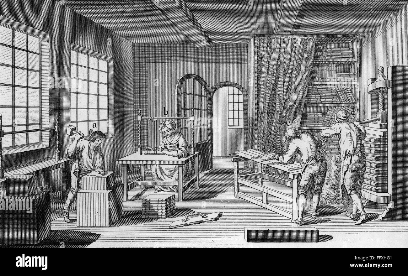 BOOKBINDER, 1763. /nA bookbinder where a volume is pounded through a marble block (A