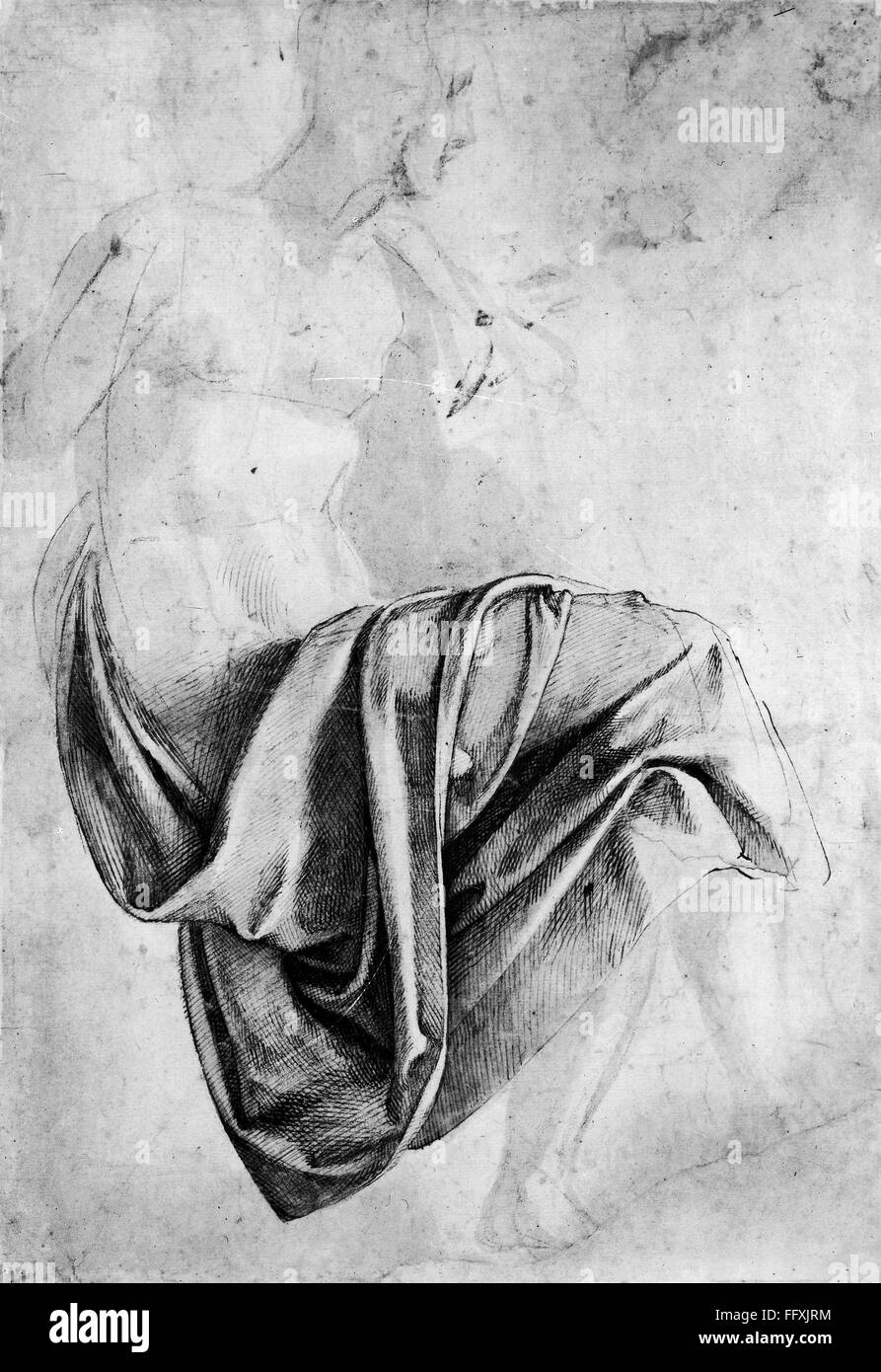 MICHELANGELO: STUDY. /nStudy of drapery for a seated figure. Preparatory sketch for the Erythraean Sibyl on the Sistine Chapel ceiling, by Michelangelo, c1508. Stock Photo