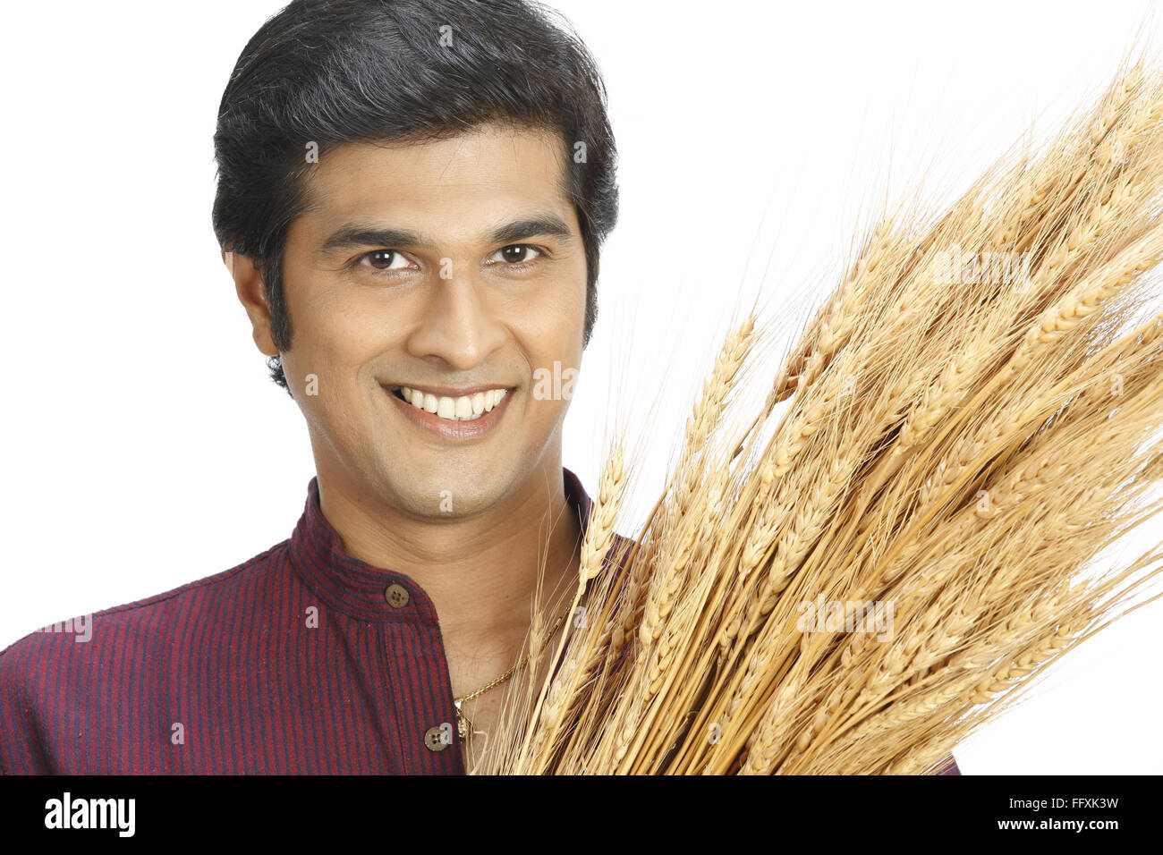 Rich Indian farmer holding harvested golden wheat crops on left shoulder MR# 743A Stock Photo