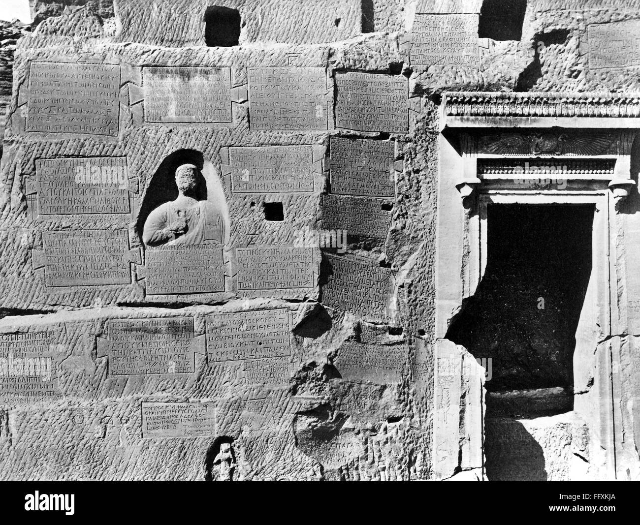 EGYPT: GREEK TABLETS, c1865. /nGreek inscriptions on the side of an ancient Egyptian building. Photograph, c1865. Stock Photo