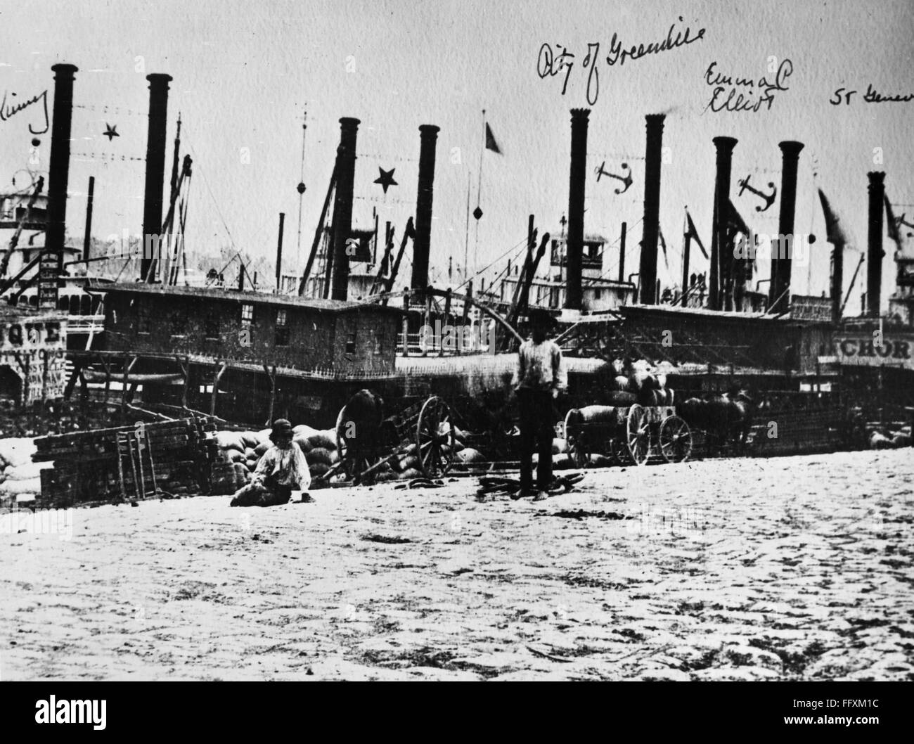 ST. LOUIS: WATERFRONT. /nWharf boats of the St. Louis and St. Paul Packet Line and the Anchor Line moored along the Mississippi River waterfront in St. Louis, Missouri, 1880s. Stock Photo