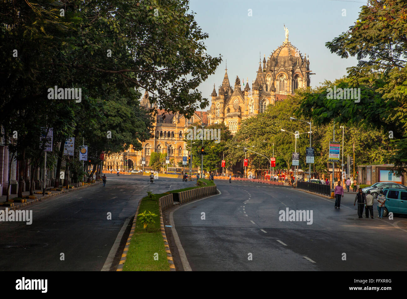 Lockdown empty road of Chhatrapati Shivaji Terminus ; CST ; VT ; Victoria Treminus ; mumbai ; maharashtra ; India ; asia Stock Photo