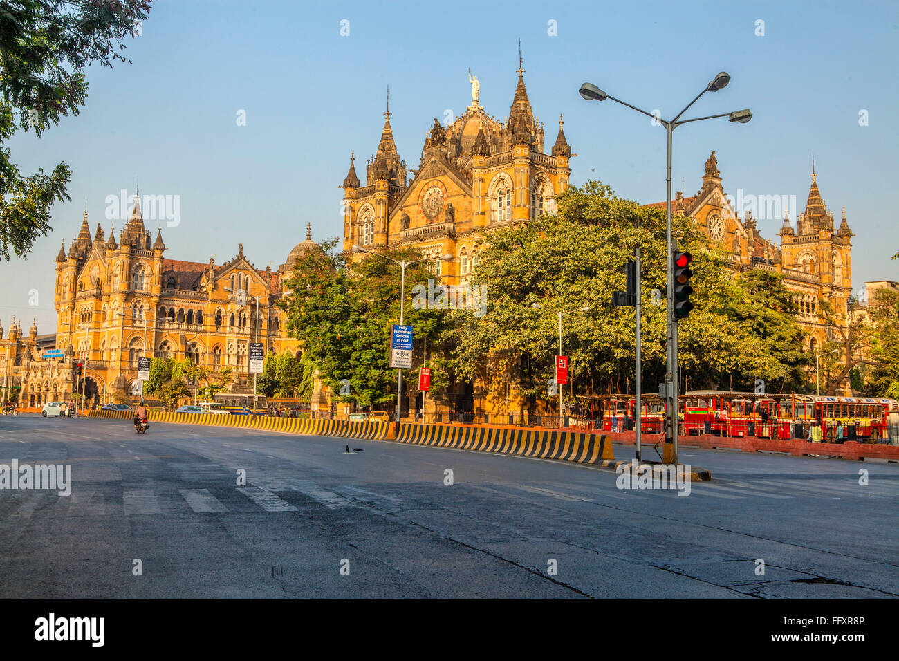 Lockdown empty road of Chhatrapati Shivaji Terminus ; CST ; VT ; Victoria Treminus ; mumbai ; maharashtra ; India ; asia Stock Photo