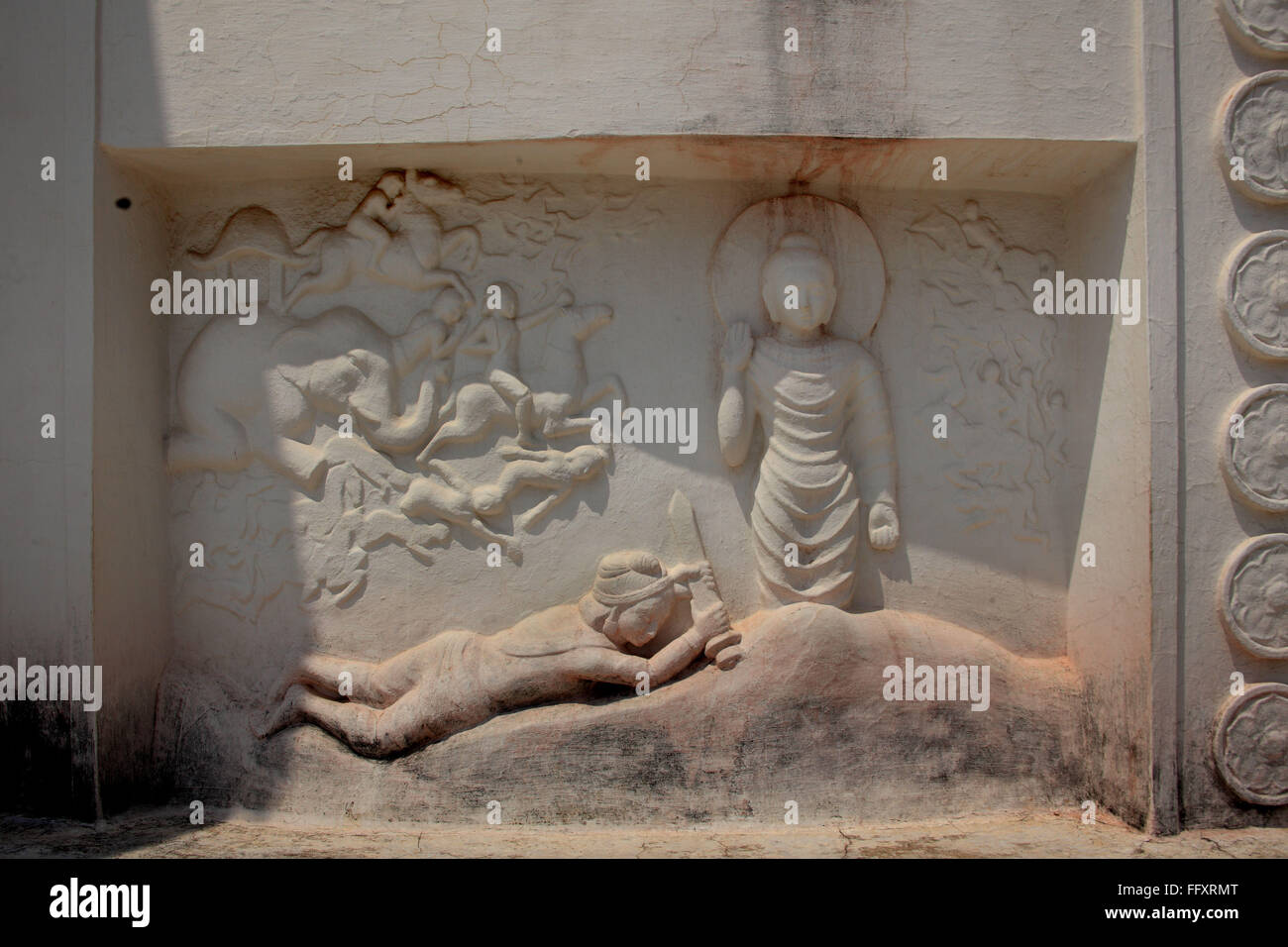 Depicts scene on wall peace Pagoda at orissa India Stock Photo