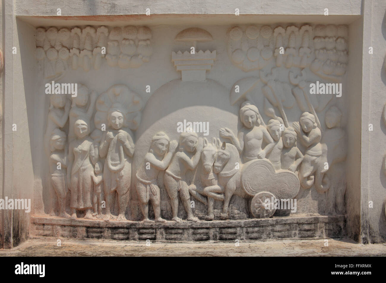Depicts scene on wall peace Pagoda at orissa India Stock Photo