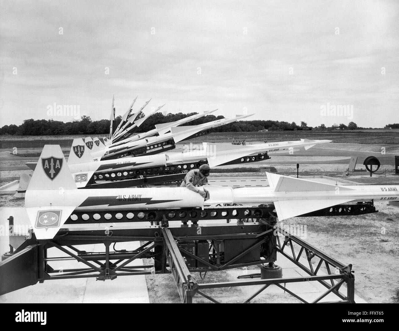 NIKE MISSILES, 1950s. /nA battery of eight Nike guided missiles in various positions of elevation for firing at the U.S. Army's Nike Station at Lorton, Virginia, late 1950s. Stock Photo