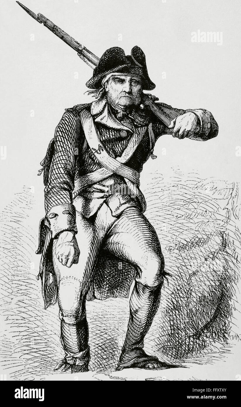 American Revolutionary War (1775-1783). North American soldier. Portrait. Engraving. 19th century. Stock Photo