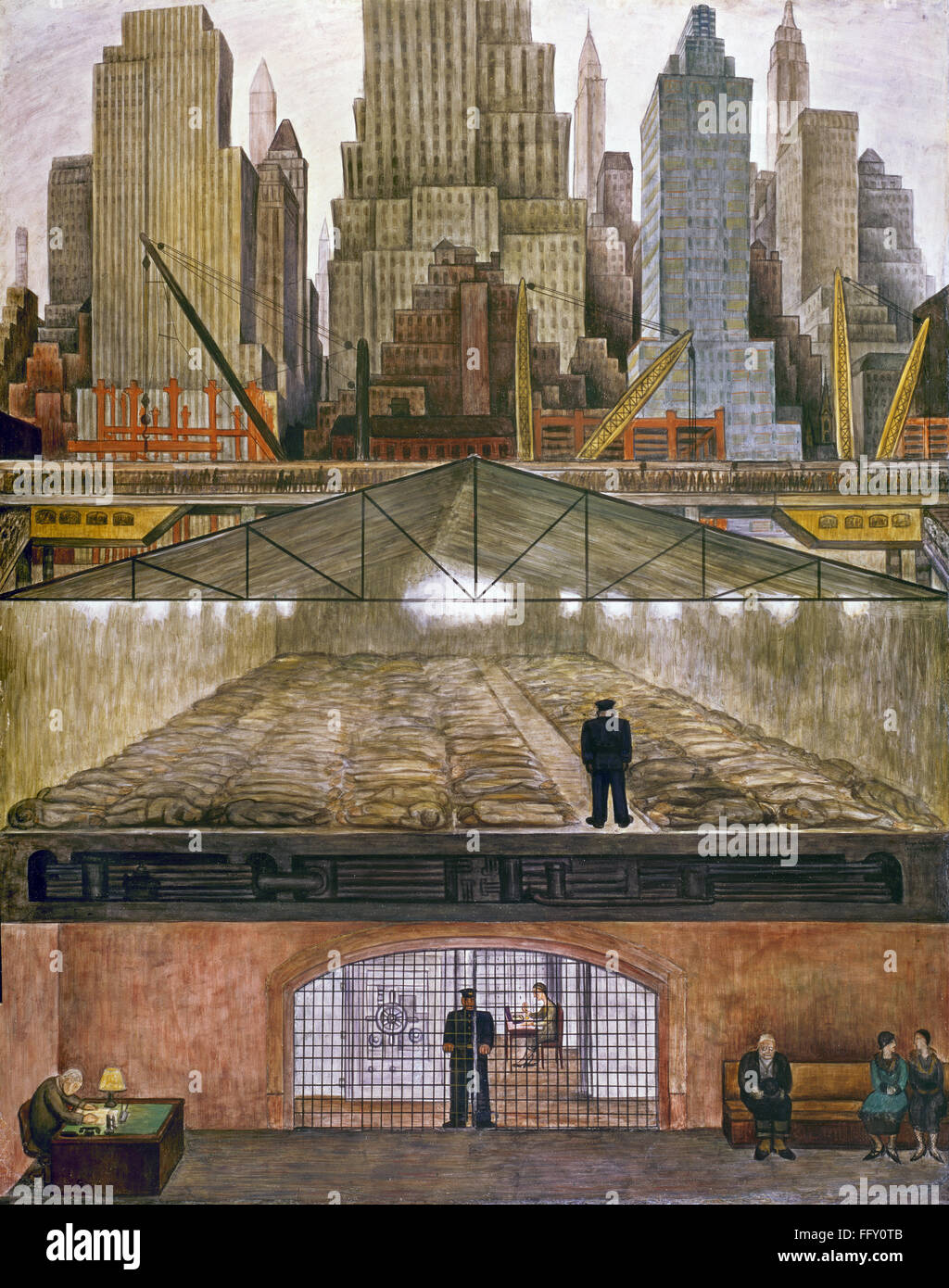 RIVERA: FROZEN ASSETS, 1931. /nMural painting by Diego Rivera, 1931, depicting the Manhattan skyline, commuters in the subways, a homeless shelter and a safety deposit vault. EDITORIAL USE ONLY. Stock Photo