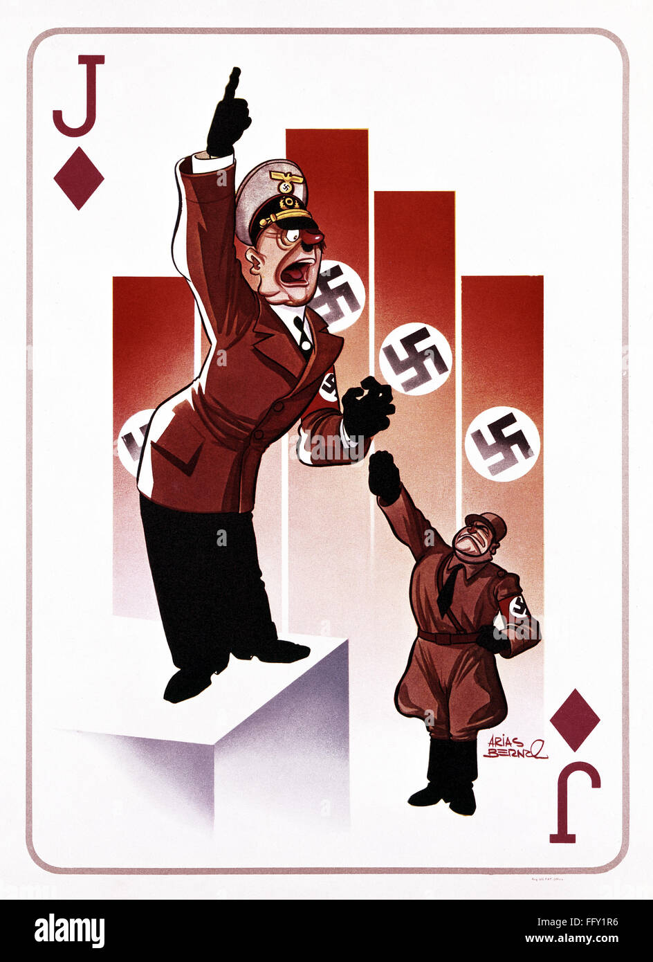 WORLD WAR II: CARTOON, 1945. /nPlaying card, Jack of diamonds, showing  Adolf Hitler and another Nazi, probably Hermann Goering. Cartoon by Arias  Bernal, 1945 Stock Photo
