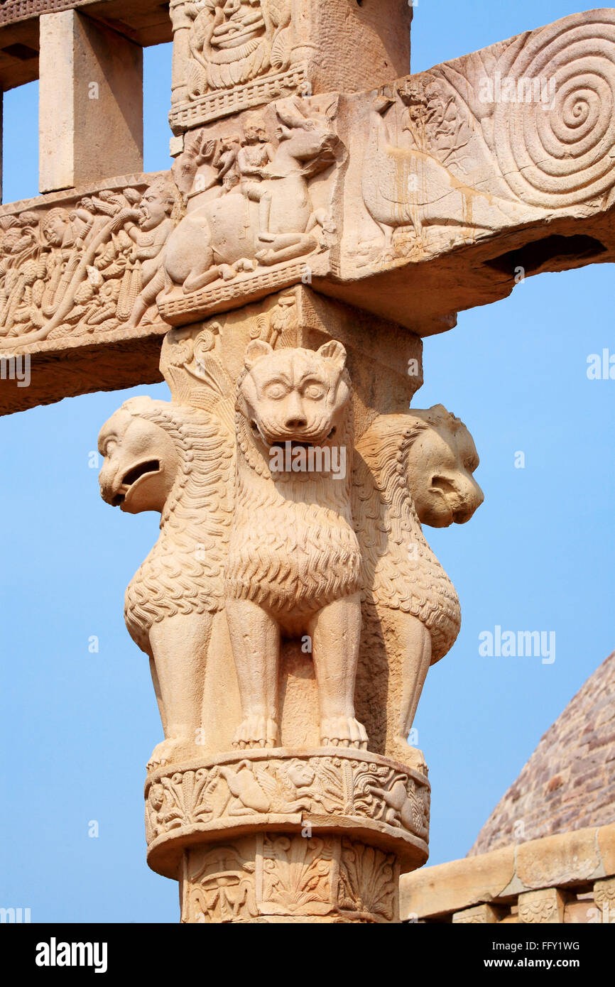 Details of South east pillar showing four back to back lions supporting south gateway stupa 1 Sanchi Bhopal Madhya Pradeshdia Stock Photo