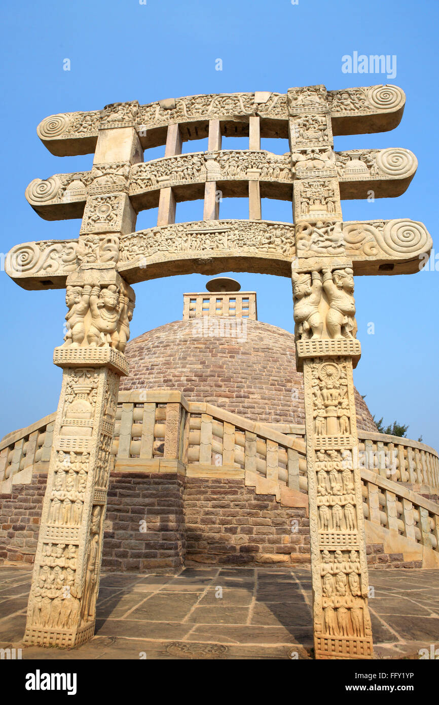 Stupa 3 wall encircling and stapes to go up with gateway situated northeast stupa 1 Sanchi Bhopal Madhya Pradesh Stock Photo