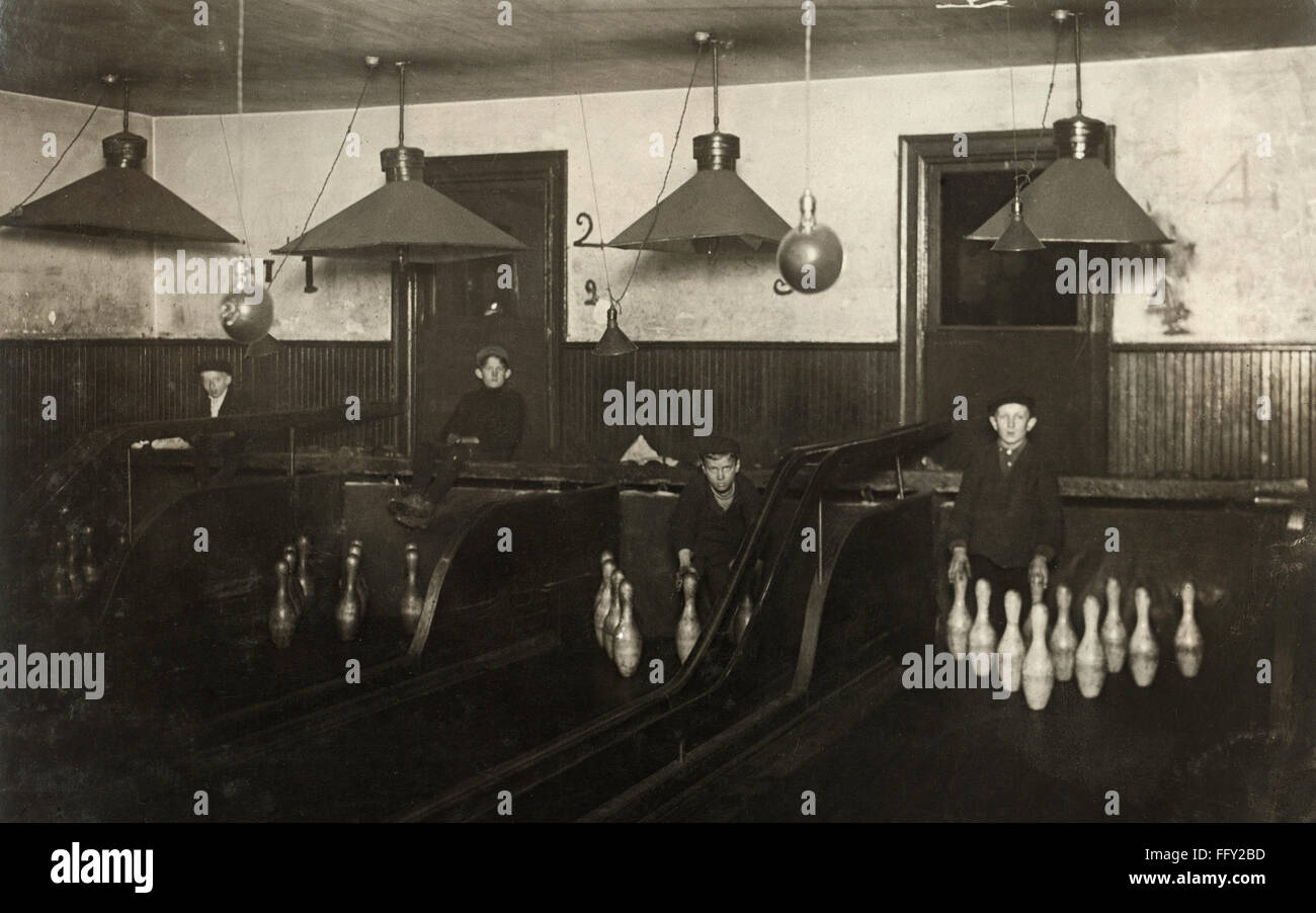 BOWLING ALLEY, c1908. /nPin boys working at a bowling alley until late at night in Pittsburgh