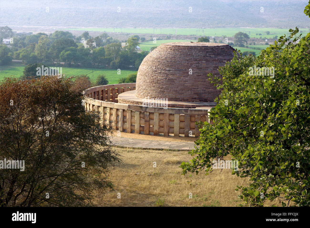 Stupa 2  constructed by king Ashoka encircled by wall , Sanchi 46Kms Northeast of Bhopal , Madhya Pradesh , India Stock Photo