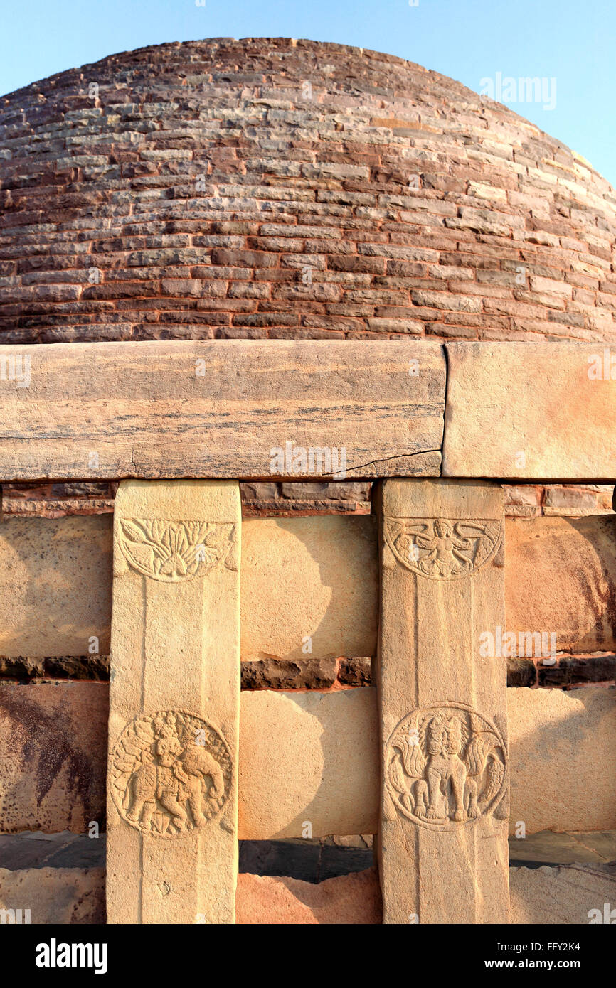 Close view of stupa 2 carved medallions decorate surrounding walls , Sanchi 46Kms northeast of Bhopal , Madhya Pradesh Stock Photo