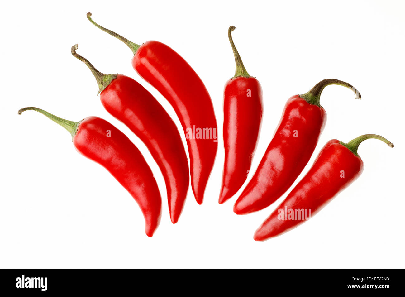 Indian spices , six red chilly or chillies capsicum annuum on white background Stock Photo