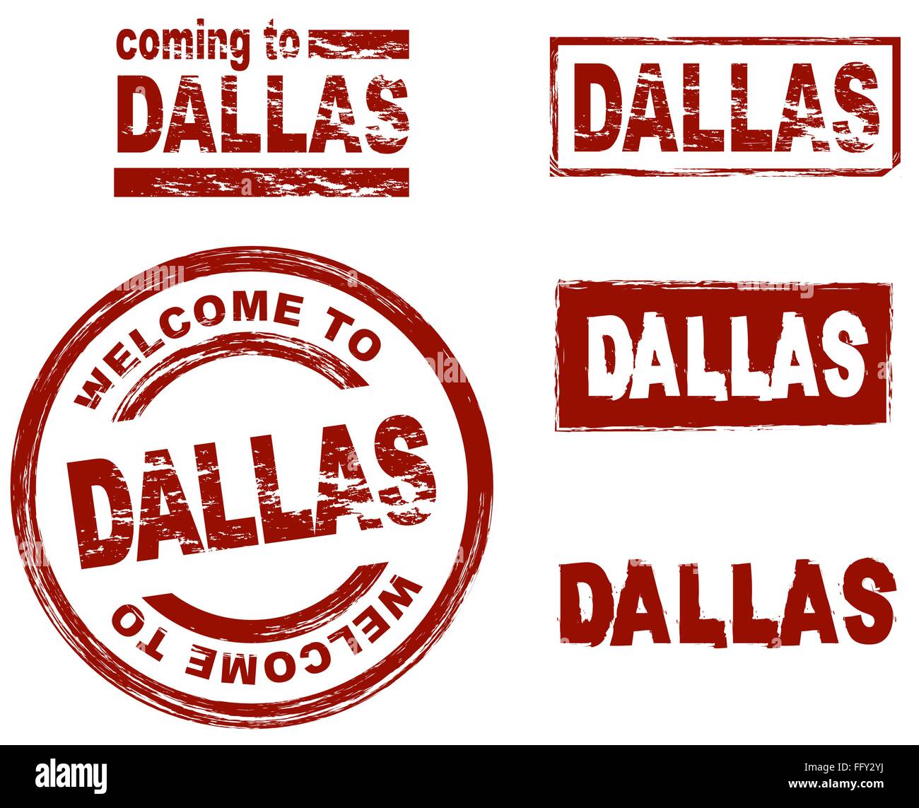 Set of stylized ink stamps showing the city of Dallas Stock Vector