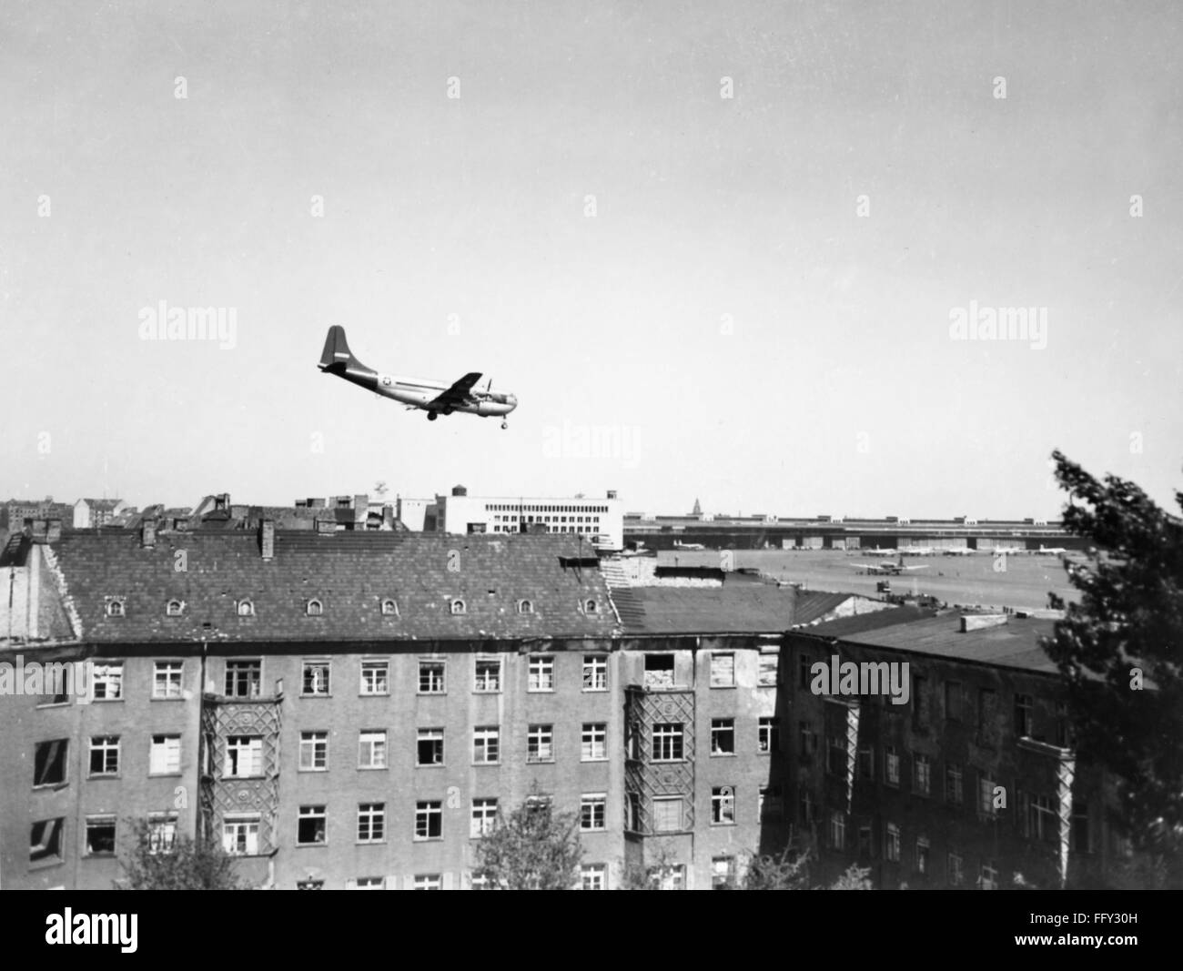 BERLIN AIRLIFT, 1949. /nA U.S. Air Force C-97 Stratofreighter approaching Tempelhof airport in Berlin, 4 May 1949. Stock Photo