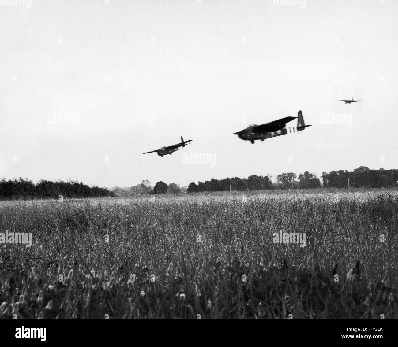 WORLD WAR II NORMANDY. /nAllied gliders landing in a field behind enemy lines in Normandy