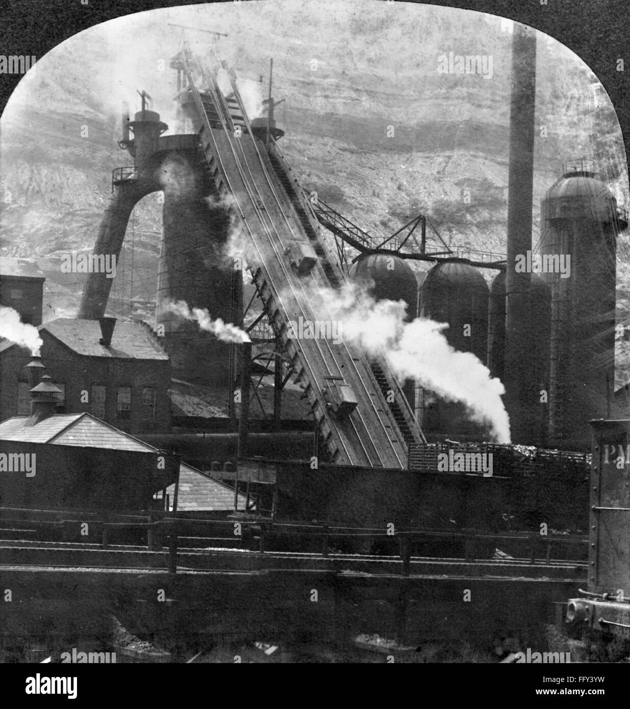 STEEL MILL BLAST FURNACE. /nBlast furnace plant at a steel mill in