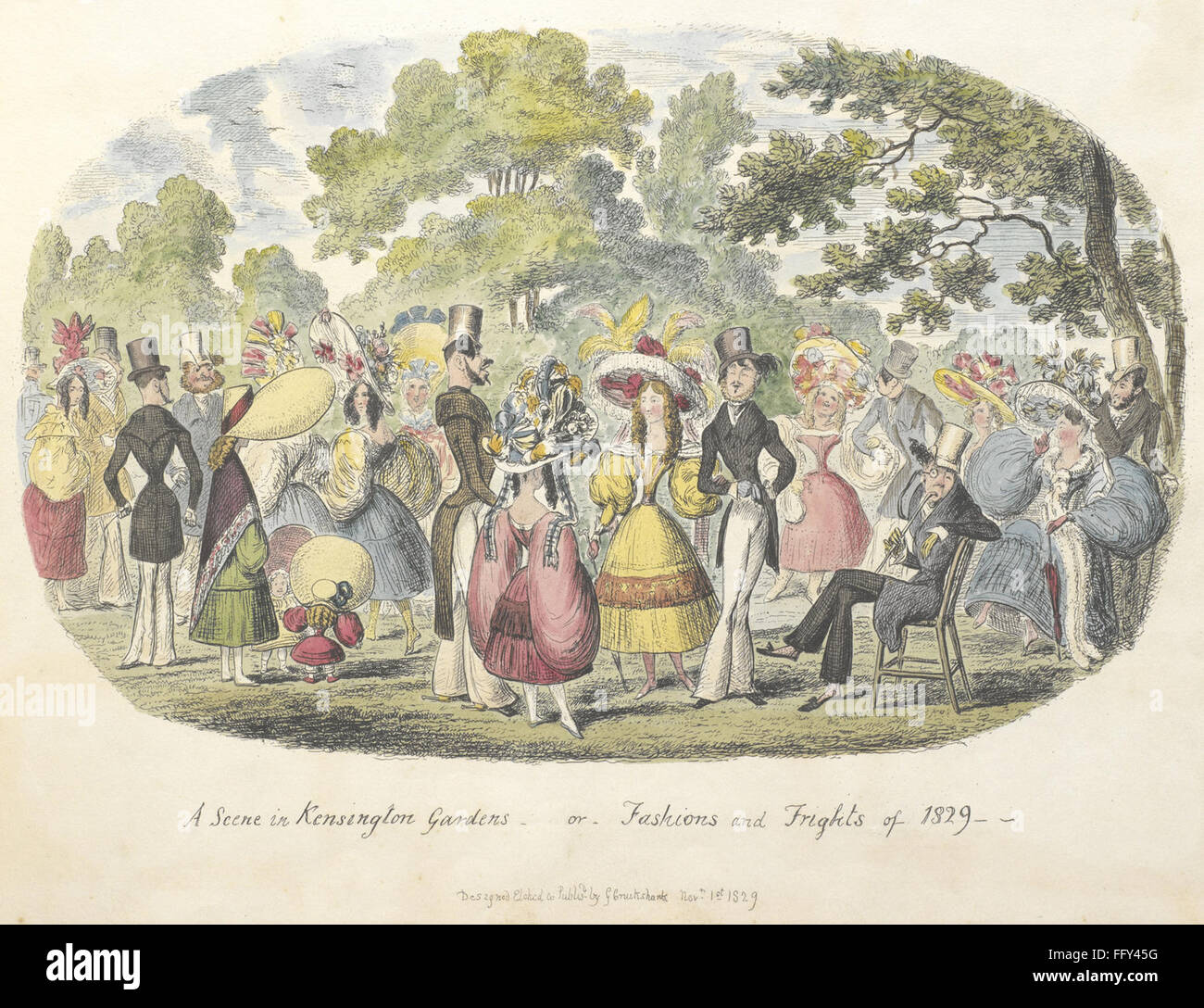 c. - caption; ''A scene in Kensington Gardens, or fashion and frights of 1829'. An amusing sketch showing people dressed up, i Stock Photo