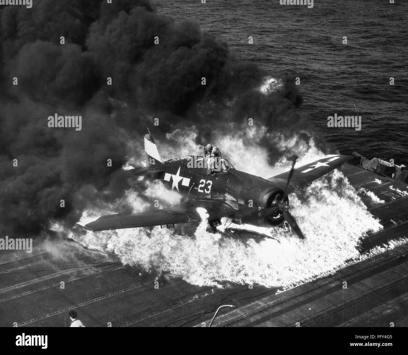 WWII CRASH LANDING, 1945. /nThe pilot of a U.S. Navy F6F Hellcat