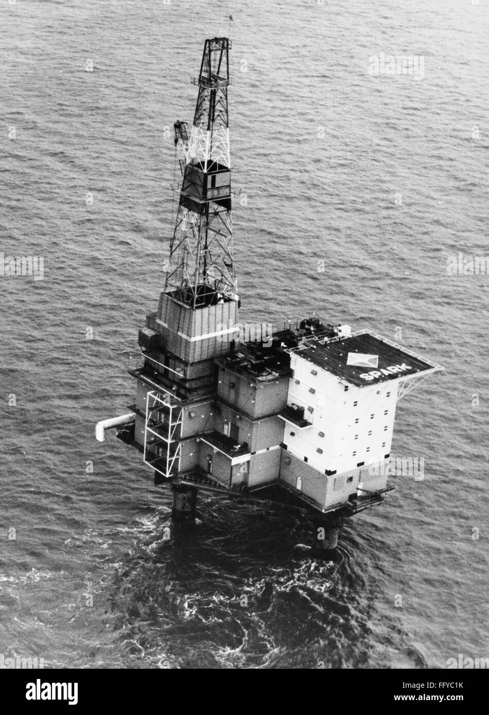 ALASKA: OIL RIG, 1968. /nAerial view of Platform Spark, an offshore oil platform in the Trading Bay area of Cook Inlet, on Alaska's southern coast. Photographed in 1968, when it was operated by the Atlantic Richfield Company. Stock Photo