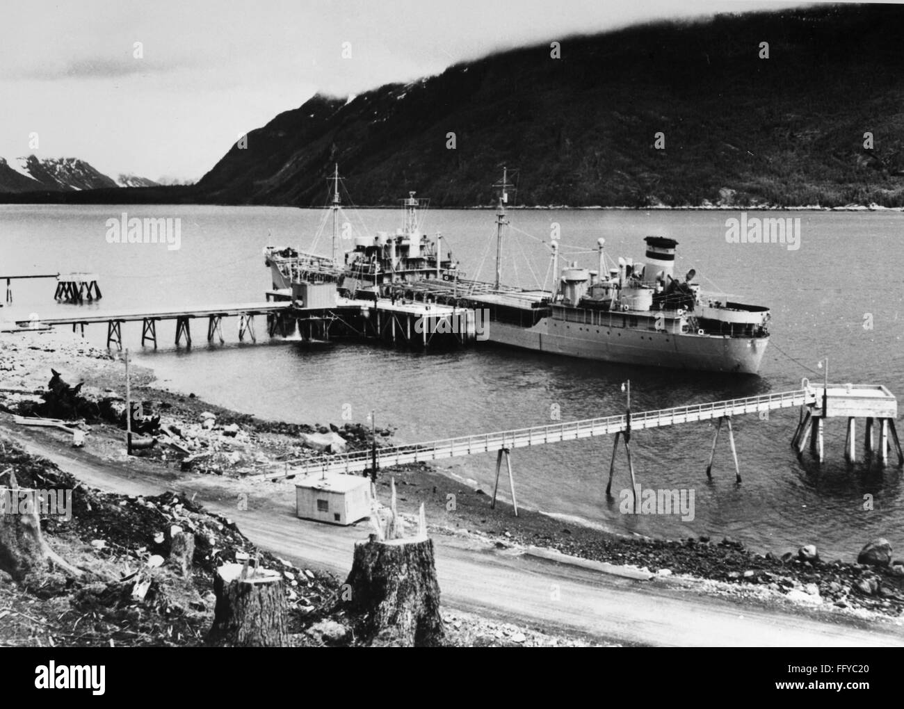 ALASKA FUEL TANKER, 1955. /nThe U.S. Navy tanker docked at