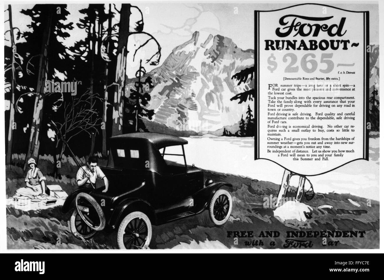 FORD ADVERTISEMENT, 1920s. /nAmerican advertisement for Ford 'Runabout' automobiles, 1920s. Stock Photo