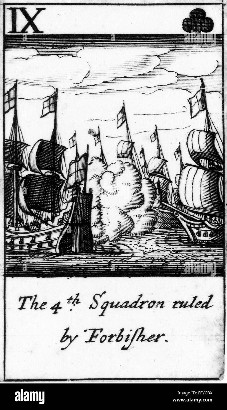 SPANISH ARMADA, 1588. /n'The 4th Squadron ruled by [Sir Martin] Forbisher.' The nine of clubs from a deck of English playing cards depicting the defeat of the Spanish Armada, 1588. Stock Photo
