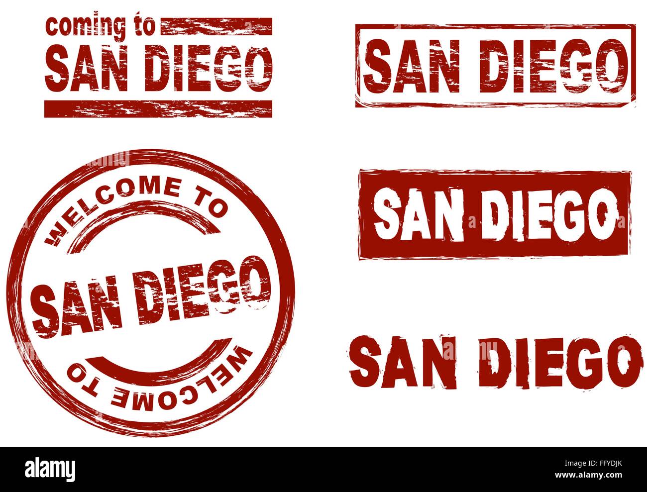 Set of stylized ink stamps showing the  city of San Diego Stock Vector