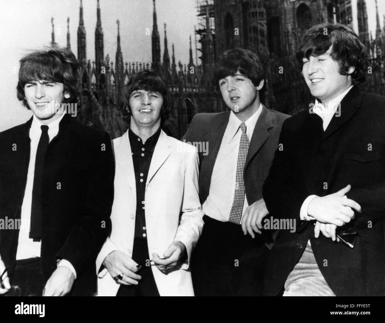 THE BEATLES, 1965. /nThe Beatles in Milan, Italy. Photograph, 1965. Left to right: George Harrison, Ringo Starr, Paul McCartney and John Lennon. Stock Photo