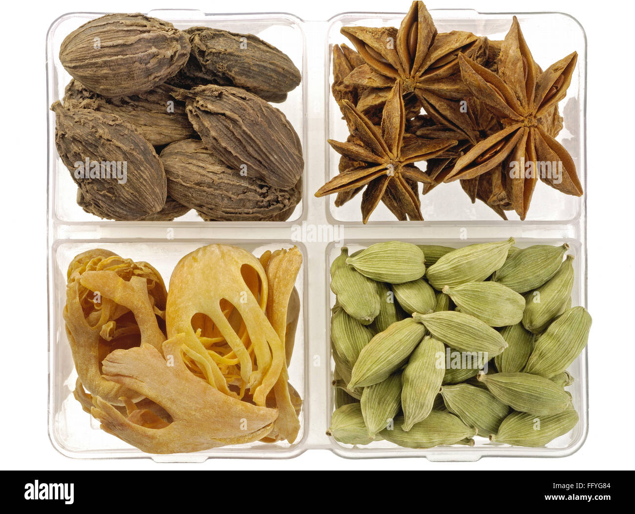 Spices big cardamom star anise dried mace blades Stock Photo