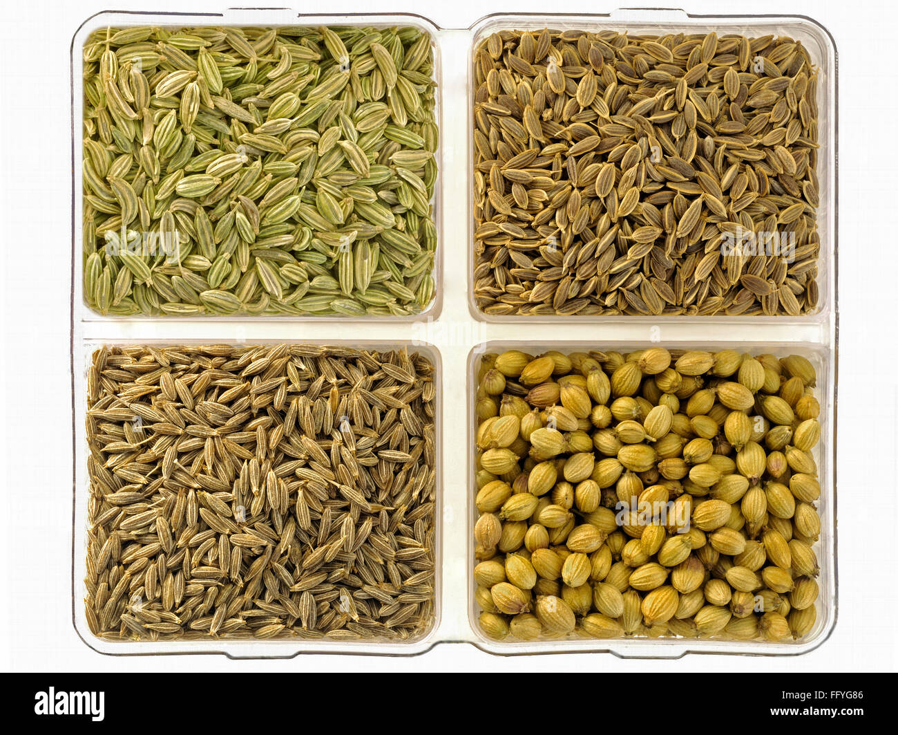 Spices fennel seeds dill seeds coriander seeds and cumin seeds ; India Stock Photo