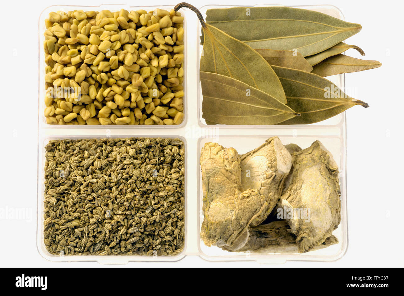 Spices fenugreek bay leaf caraway seeds and dry ginger ; India Stock