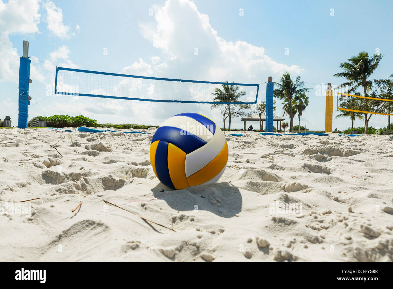 Volley ball in the foreground on the sand beach in the background  volleyball net and palm trees, sunny day at the beach. Florida Stock Photo  - Alamy