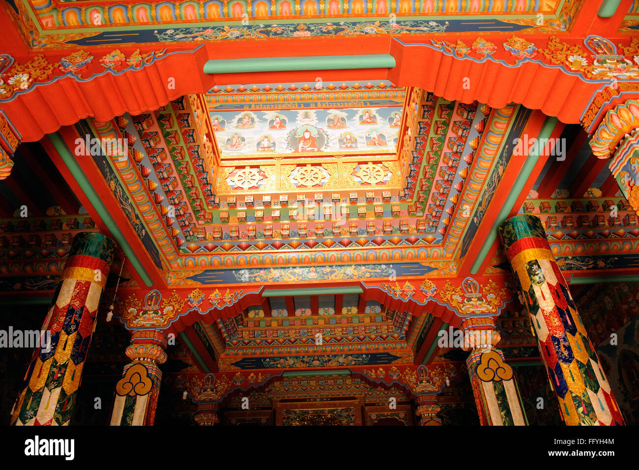 Wooden colourful ceiling in monastery ; Upper Pisang ; Nepal Stock Photo