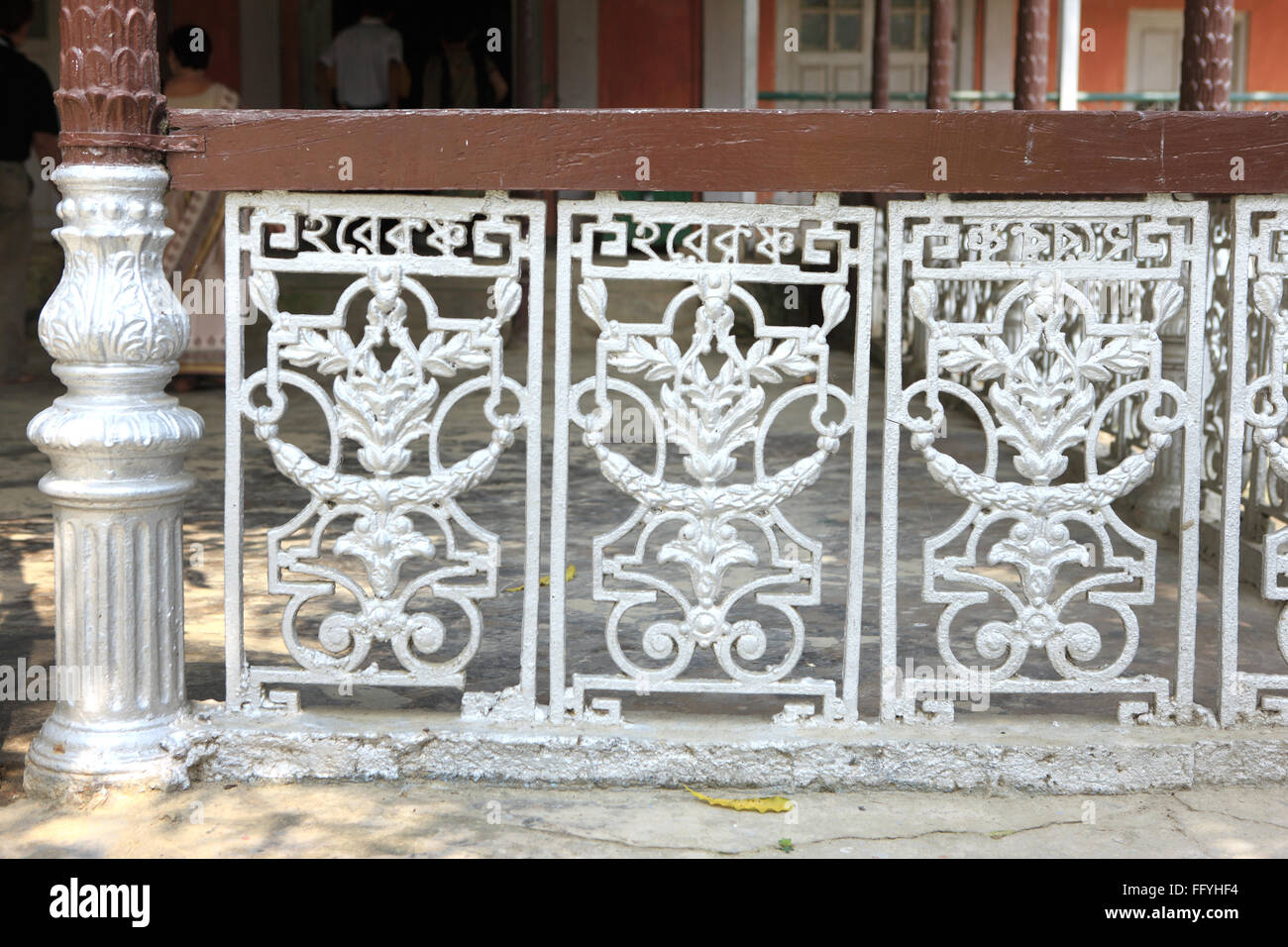 Cast iron grilles and pillars at vaishnavite hindu temple ; Kamalabari ; Majuli Island ; Assam ; India Stock Photo