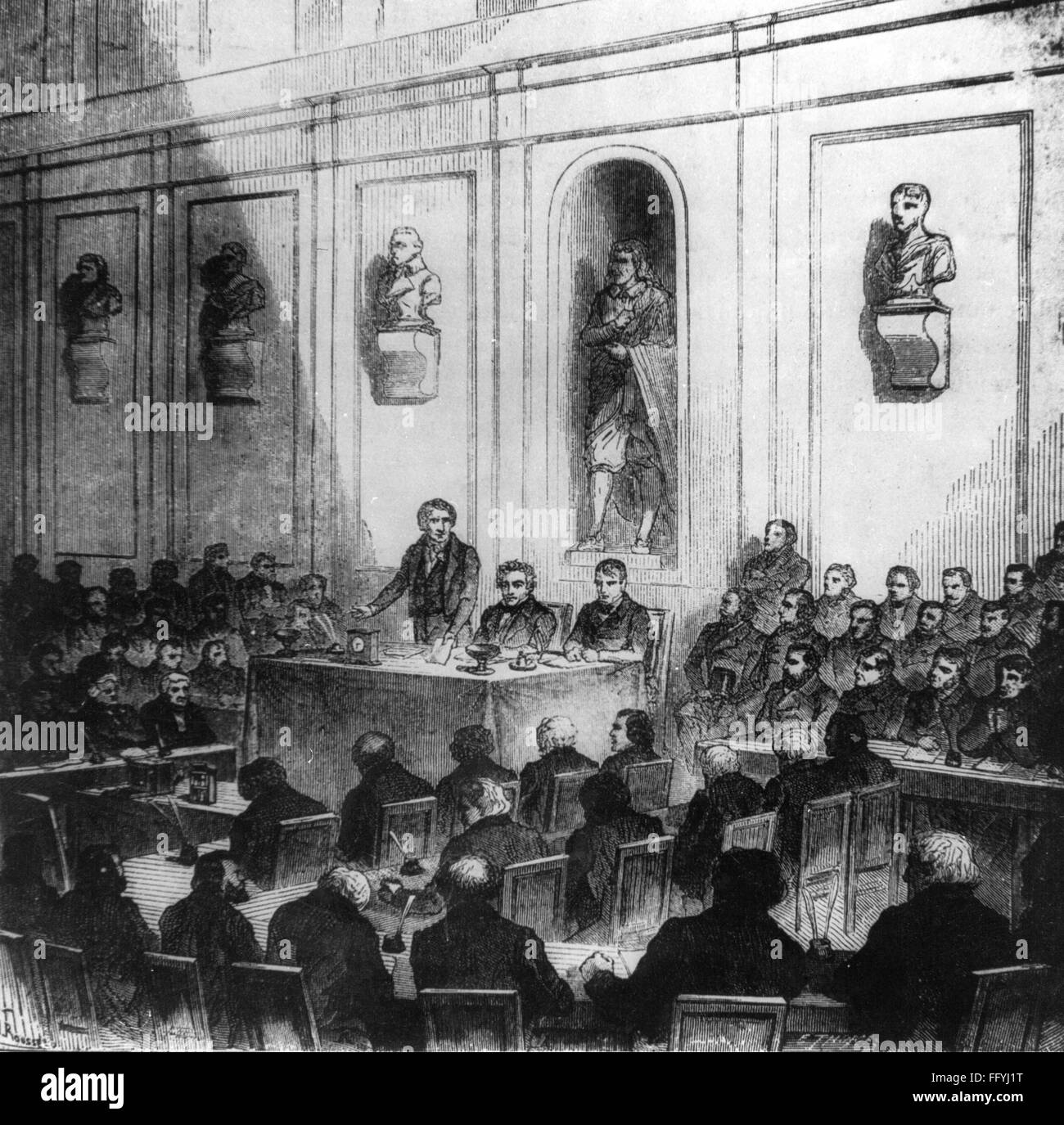 photography, beginning, Francois Arago presenting the results of the experimenst of Louis Daguerre to the Academie Francaise in presence of Isidore Niepce, Paris, 19.8.1839, wood engraving, 1839, Additional-Rights-Clearences-Not Available Stock Photo