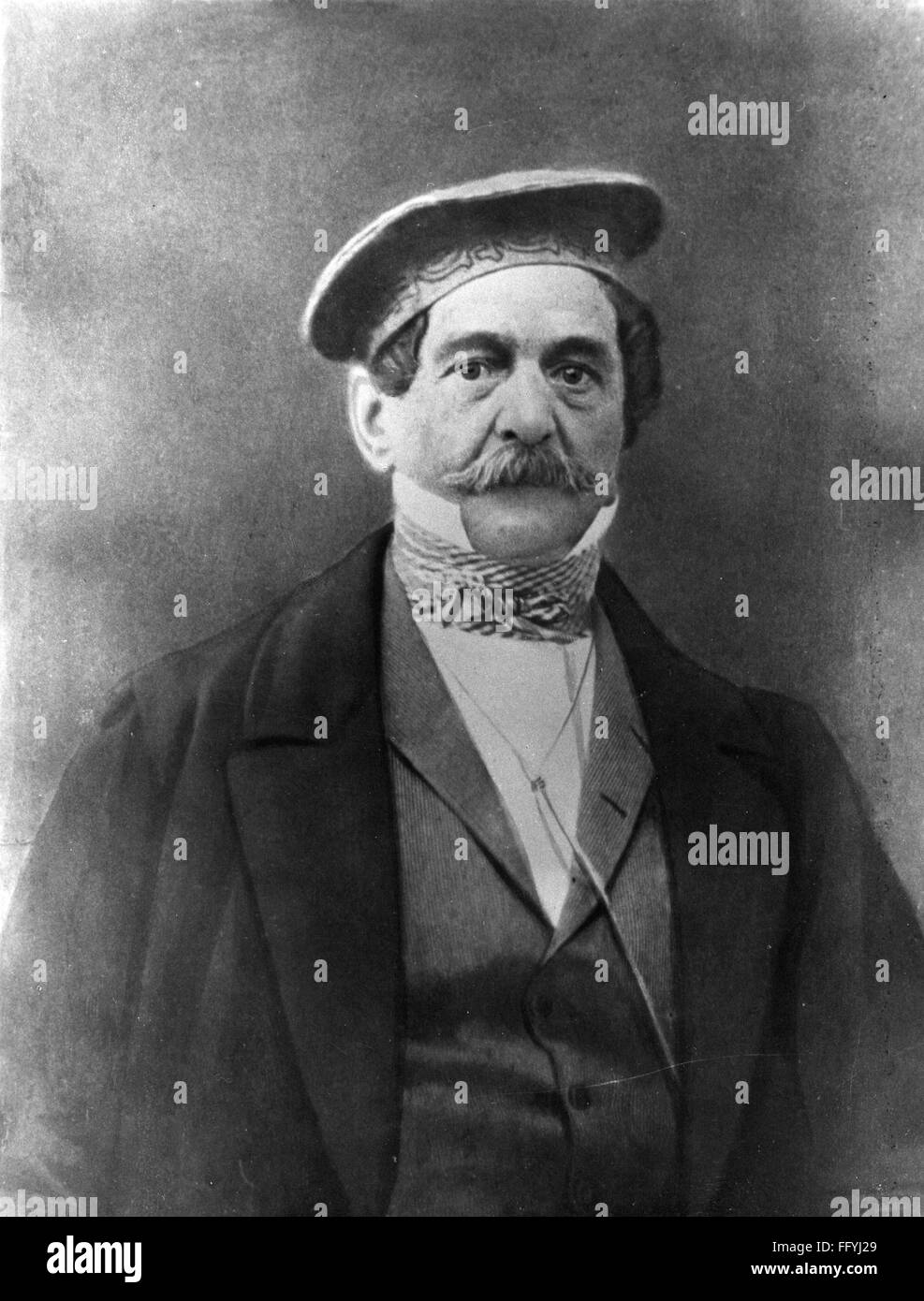 photography, early photograph, half length of a man, Atelier Löcherer, Munich, 19th century, 19th century, Alois Löcherer (1815 - 1862), half length, cap, caps, moustache, mustache, moustaches, mustaches, clothes, outfit, outfits, jacket, jackets, waistcoat, waistcoats, vest, cravat, cravats, tie, ties, headpiece, headpieces, photograph, photo, photographs, historic, historical, Loecherer, Löcherer, Locherer, man, men, male, people, Additional-Rights-Clearences-Not Available Stock Photo