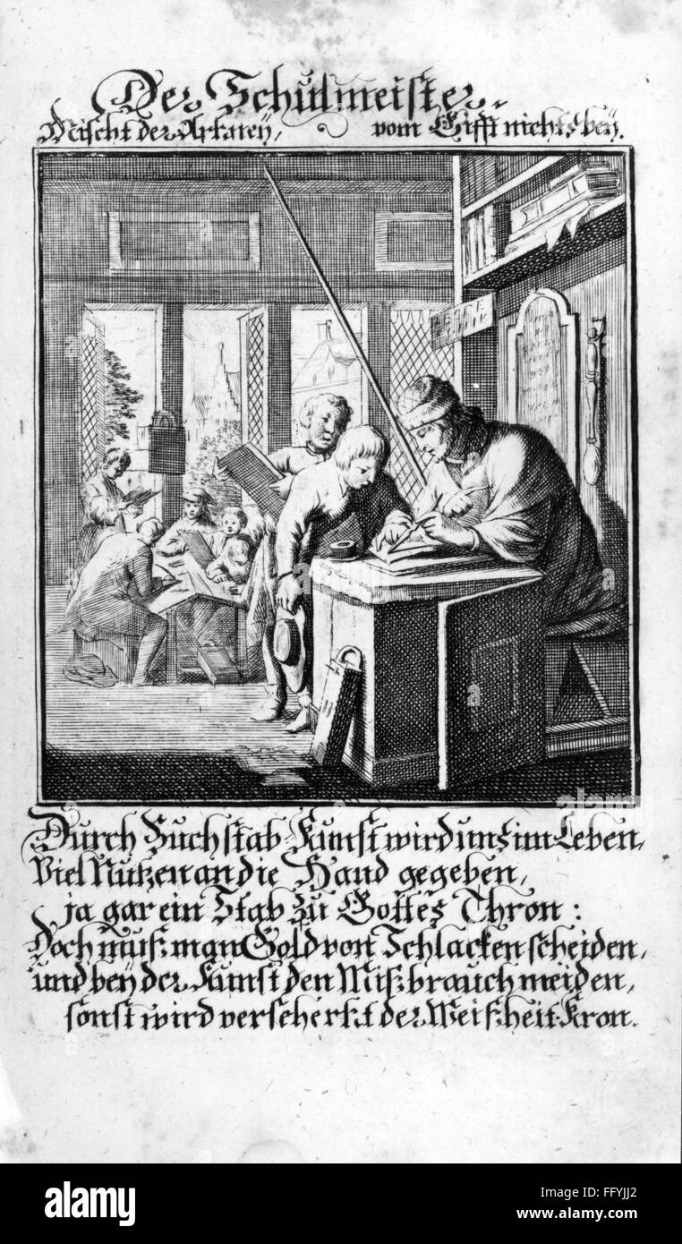 education, schoolmaster, from the book of classes, by Christoph Weigel the Elder (1654 - 1725), with verses by Abraham a Sancta Clara (1644 - 1709), copper engraving, Nuremberg, 1698, Artist's Copyright has not to be cleared Stock Photo