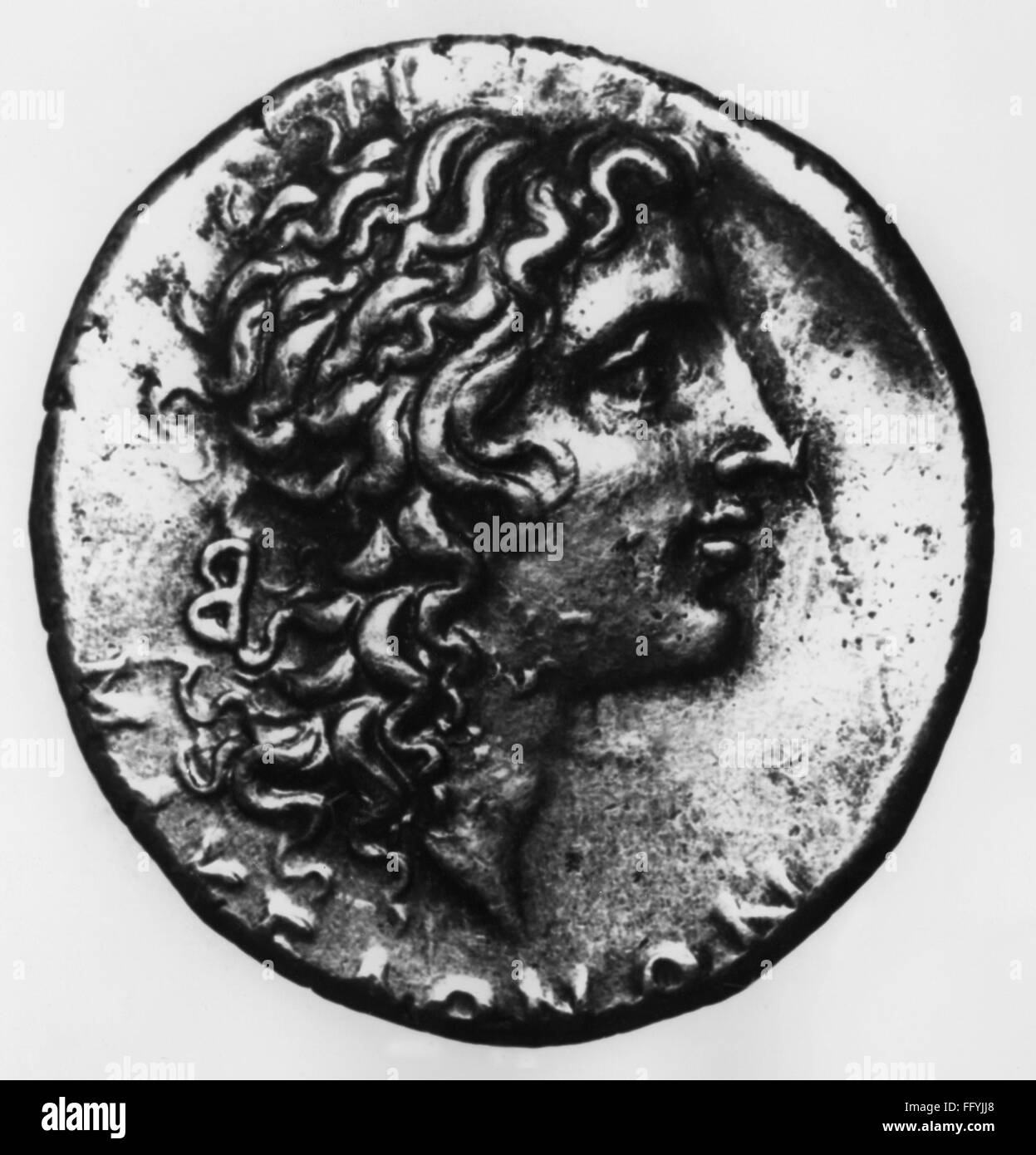 money / finances, coins, ancient world, Greece, Greek drachma, with Alexander of the Great in younger years, obverse, ancient world, ancient times, Greece, Greek, Grecian, Macedonia, Macedonian, drachma, drachm, dram, tetradrachm, tetradrachms, portrait, profile, side-face, profiles, hair, curls, Alexander the Great, young, coins, coin, numismatics, historic, historical, male, man, ancient world, people, men, Additional-Rights-Clearences-Not Available Stock Photo