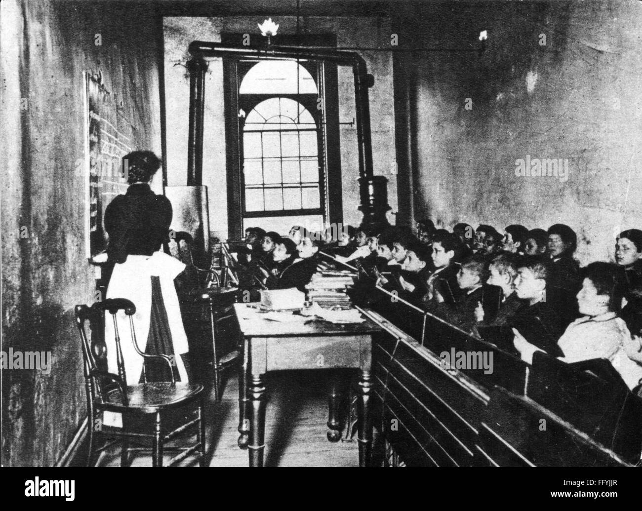 pedagogy, school / lessons / discipline, school for immgrant children, Essex Market Street, New York, 1887, Additional-Rights-Clearences-Not Available Stock Photo