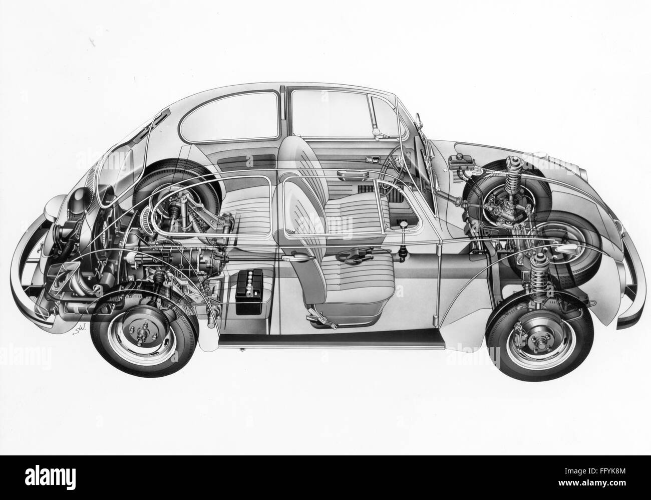 transport / transportation, car, vehicle variants, Volkswagen, VW 1302 beetle, cross section, working drawing, 1970, Additional-Rights-Clearences-NA