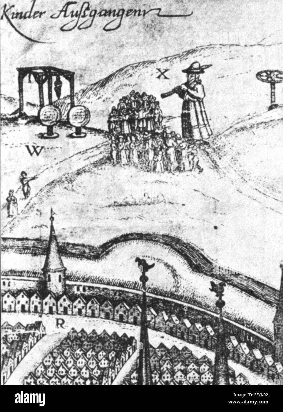 literature, legends, pied piper of Hamelin, 1284, detail of a city view of Hamelin, copper engraving, 1622, 13th century, Middle Ages, medieval, mediaeval, 17th century, graphic, graphics, Northern Germany, the North of Germany, Lower Saxony, saga, sagas, pied piper, musician, musicians, make music, play music, making music, playing music, makes music, plays music, made music, played music, playing, play, departure, move out, moving out, moved out, city view, cityscape, city views, cityscapes, townscape, townscapes, gallows, gibbet, gibbets, legend, le, Artist's Copyright has not to be cleared Stock Photo