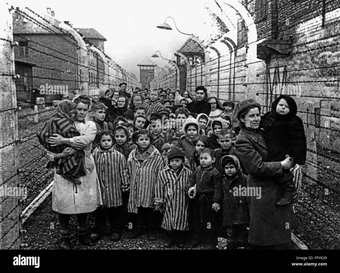 Nazism / National Socialism, crimes, concentration camp, Auschwitz (Oswiecim), Poland, liberation, children and medical personal after the liberation by the Red Army 27.1.1945, Additional-Rights-Clearences-Not Available Stock Photo