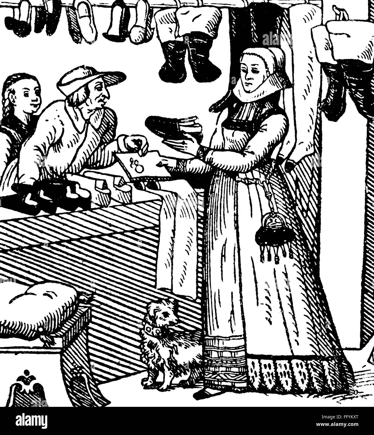craft / handcraft,professions,shoemaker,female master shoemaker selling shoes to farmer couple,woodcut,late 16th century,detail,16th century,graphic,graphics,trade,sale,sales,shop,shops,shoemaker,shoemakers,shoe,shoes,half length,standing,clothes,outfit,outfits,bonnet,bonnets,collar,collars,farmer,farmers,peasants,peasant,payment,paying,pays,dog,dogs,retail store,retail outlet,retail stores,retail outlets,handicraft,handcraft,craft,profession,professions,selling,sell,historic,historical,female,woman,woman,mal,Additional-Rights-Clearences-Not Available Stock Photo
