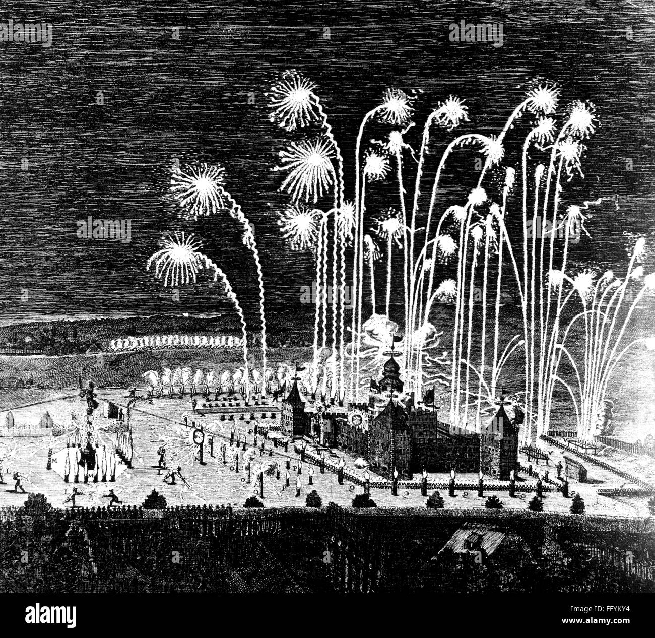 festivities, fireworks, fireworks on the occasion of the ratification of the definite version of the Westphalian peace in Nuremberg, 25.9.1649, engraving, by Michael Herz, detail, 1650, 17th century, graphic, graphics, Germany, Thirty Years' War, peace, peace agreement, peace treaty, peace agreements, peace treaties, ratification, ratifications, Peace of Westphalia, castle, castles, fireworks, rocket, missile, rockets, missiles, historic, historical, people, Additional-Rights-Clearences-Not Available Stock Photo